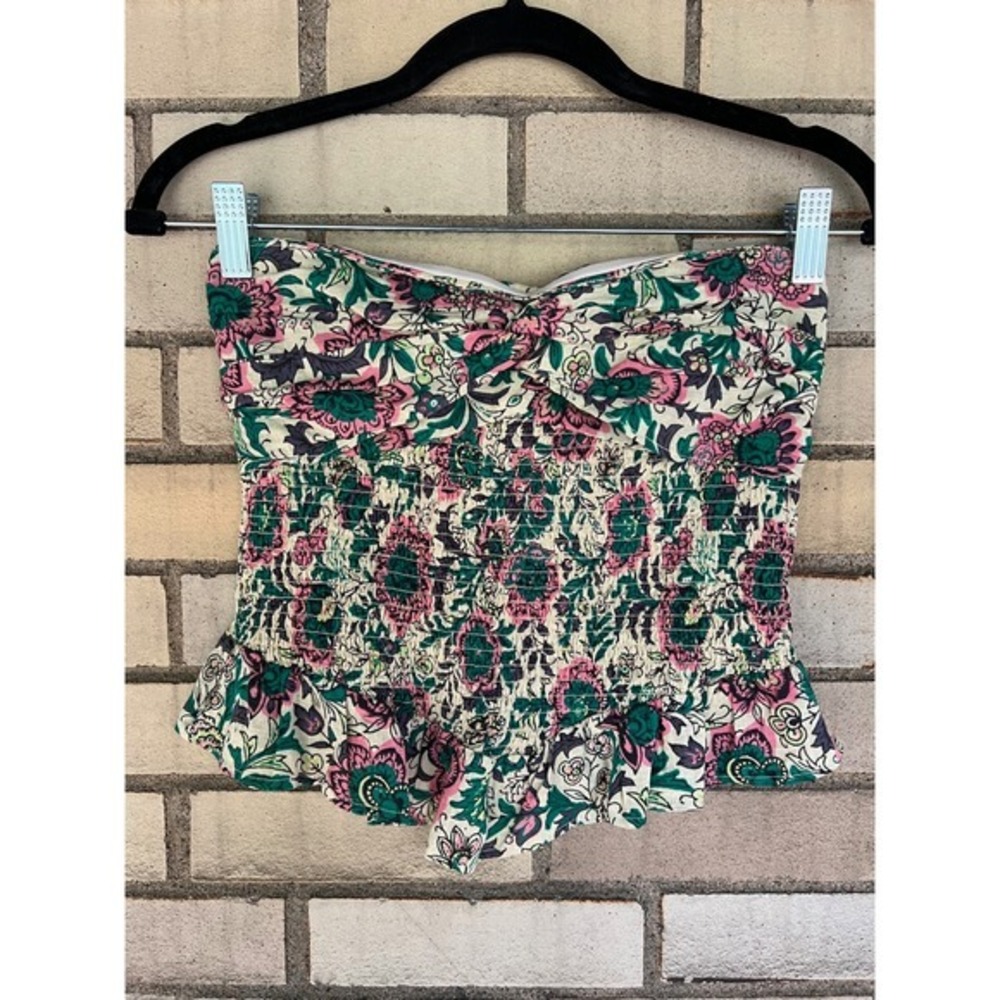 Free People Floral Smocked Strapless Tube Top Pink Green Crop Bandeau Top Sz XS